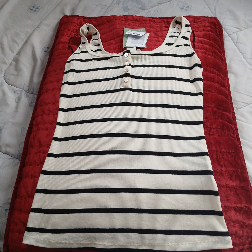 H&M Cream and Black Striped Ribbed Tank with Button Placket
